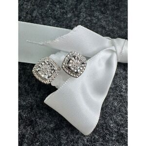 Sterling Silver Square Halo Stud Natural Diamonds Pave Set